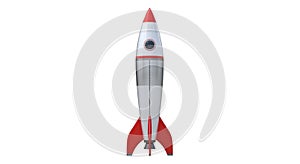 Retro red and white rocket ship with a window, isolated on white background