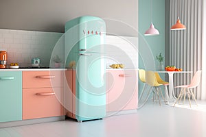 The retro refrigerator adds a stylish touch to the light and modern kitchen with its colorful interior