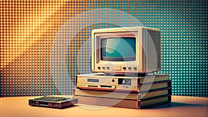 Retro Revolution: A Halftone Computer on a Stack of Old Tapes  generative AI