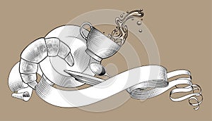 Retro ribbon banner with falling coffee cup, spilling water, saucer, plate, spoon and bagel