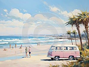 Retro Riviera: 1950\'s Beach Bliss Captured in Soft-Hued Oil Pastels
