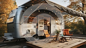 Retro Roadhouse. The Classic American Camper Meets Rustic Porch Elegance. Generative AI