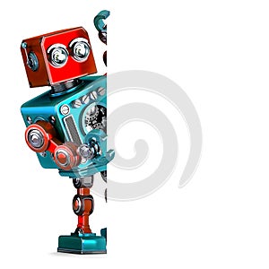 Retro Robot with blank banner. 3D illustration. Isolated.