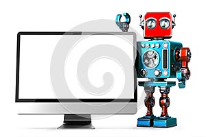 Retro Robot with computer display. Isolated. 3D illustration. Co