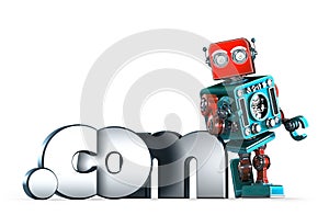 Retro robot with dot COM domain sign. . Contains clipping path