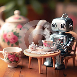 Retro robot drinks tea. International Tea Day.