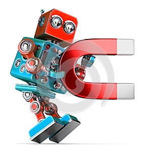 Retro robot holding a big magnet. 3D illustration. Isolated. Con