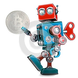Retro Robot holding bitcoin coin. 3D illustration. Isolated