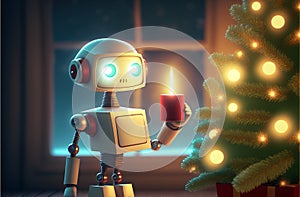 Retro robot holding lit candle in front of decorated Christmas tree. Generative AI illustration