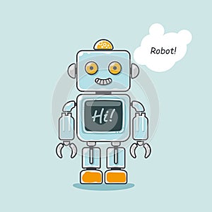 Retro robot isolated on light blue background with word `Hi!` on the screen