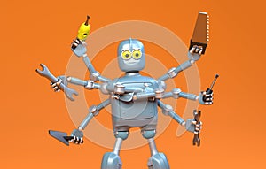 Retro robot with many tools,octopus,robot handyman,3d render