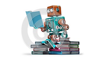 Retro robot reading a book. Isolated. Contains clipping path