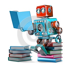 Retro Robot reading books. Isolated. 3D illustration. Contains