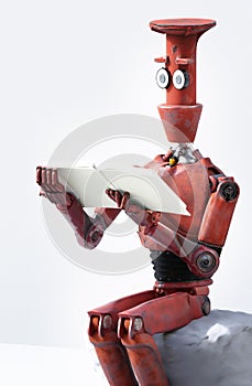 Retro robot reads a book on the stone. 3D render