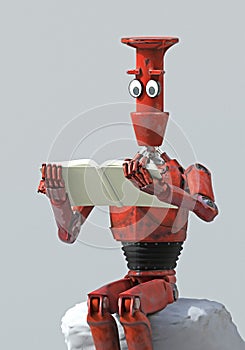 Retro robot reads a book on the stone. 3D render