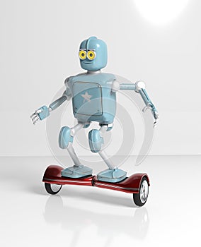 Retro robot rides on a gyroscope hoverboard isolate on white 3d