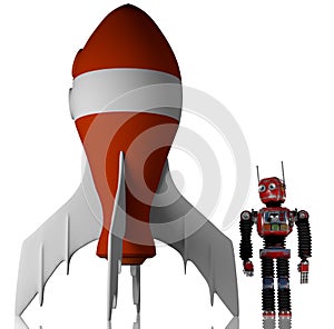 Retro robot with a rocket,render, 3d