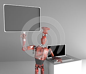 Retro robot sells laptops,3d render