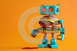 Retro robot serving oversized hamburger, grease glistening, pop art style, bold contrast , minimalist