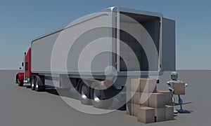 Retro Robot with Shipping Boxes load in truck Render 3d