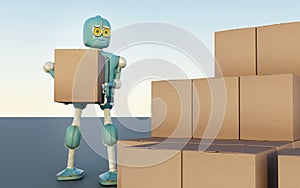 Retro Robot with Shipping Boxes Render 3d