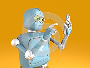 Retro robot sits and reads smartphone. New technologies and progress. 3d render