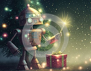 Retro robot stands in front of Christmas tree holding a sparkler. Generative AI illustration
