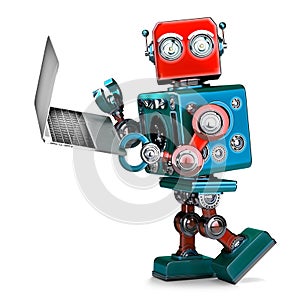 Retro Robot using laptop. 3D illustration. . Contains cl