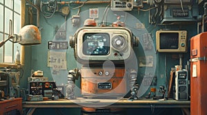 Retro Robot in a Vintage Workshop
