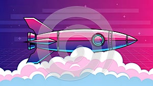 Retro Rocket Ship Launching Through Clouds - Vector Illustration