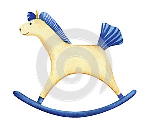 Retro rocking horse toy. Light white cream climbed with blue mane and tail. Toy for baby.