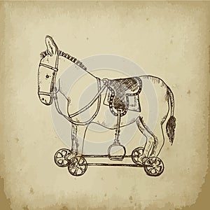 Retro rocking toy donkey or horse on wheels sketch vector illustration. Vintage toys drawn by hands sketch ink pen on a