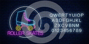 Retro roller skates glowing neon sign in circle frame with alphabet. Skate zone symbol in neon style