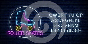 Retro roller skates glowing neon sign in circle frame with alphabet. Skate zone symbol in neon style photo