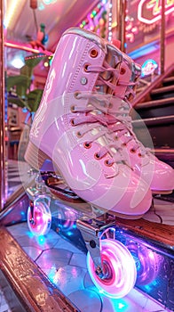 Retro roller skates and neon lights. Vertical image, hobby and fun pastime.