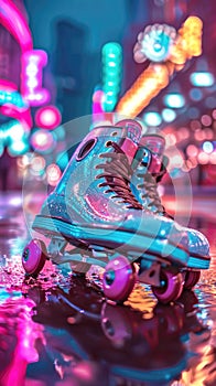 Retro roller skates and neon lights. Vertical image, hobby and fun pastime.