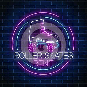 Retro roller skates rent glowing neon sign in circle frame. Skate zone symbol in neon style