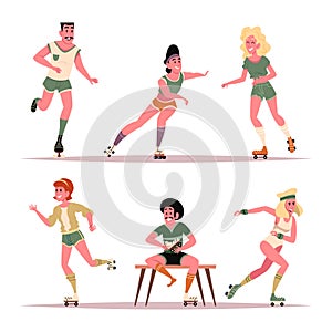 Retro rollers. Male and female skaters in action poses exact vector cartoon characters