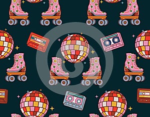 Retro rollers skates cassette headphones disco groovy funky seamless pattern