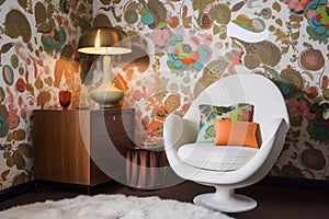 retro room with bold wallpaper, comfy armchair and colorful pillows