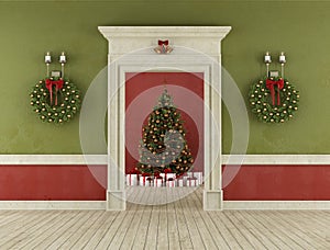 Retro room with christmas tree