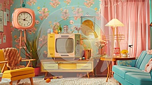 A retro room with colorful patterns and vintage props