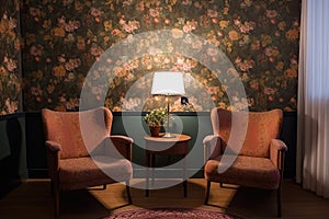 retro room with comfortable armchairs, vintage lamps and floral wallpaper