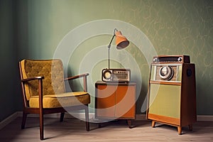 retro room with cozy armchair, bookshelf, and vintage radio