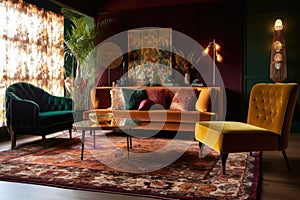 retro room filled with warm and inviting textures, such as velvet and plush rugs