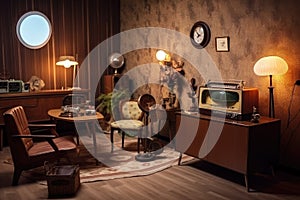 retro room with high-tech gadgets and vintage furniture