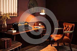 retro room with typewriter on desk, lamp and chic armchair