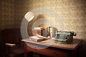 retro room with typewriter and stack of paper on desk
