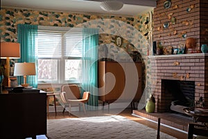retro room with vintage wallpaper, mid-century furniture and white brick fireplace