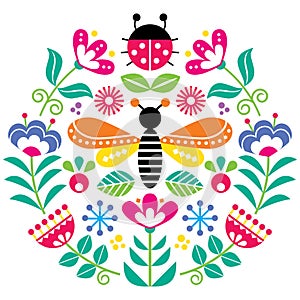 Scandinavian folk flowers vector design, cute spirng floral pattern with bugs, ladybird and fly inspired by traditional embroidery